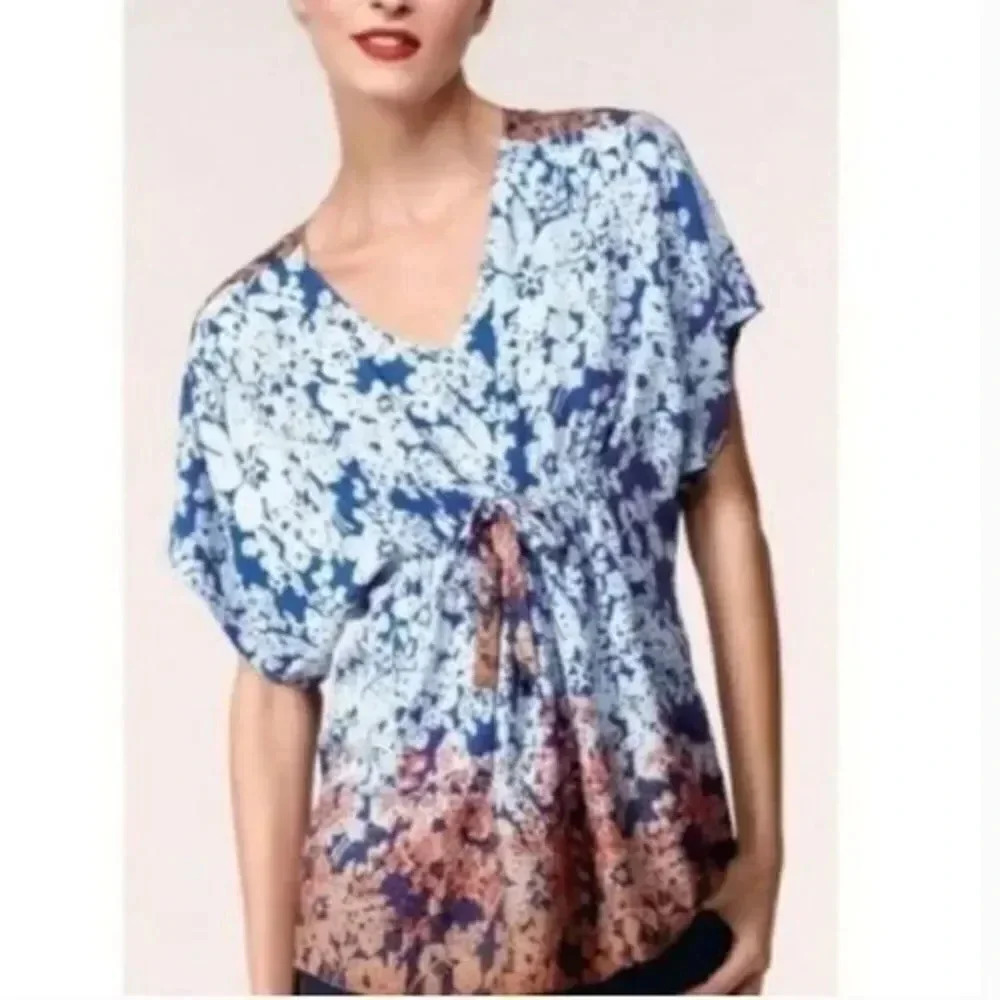 Cabi Blue & Peach Ombre Floral Dolman Short Sleeve Blouse S #891